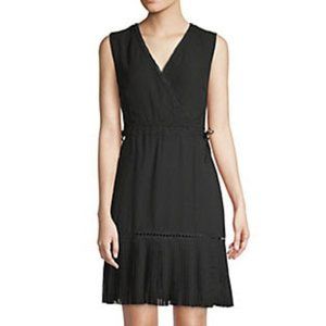 ABS Embroidered Faux Wrap A-Line Dress Black with Pleats